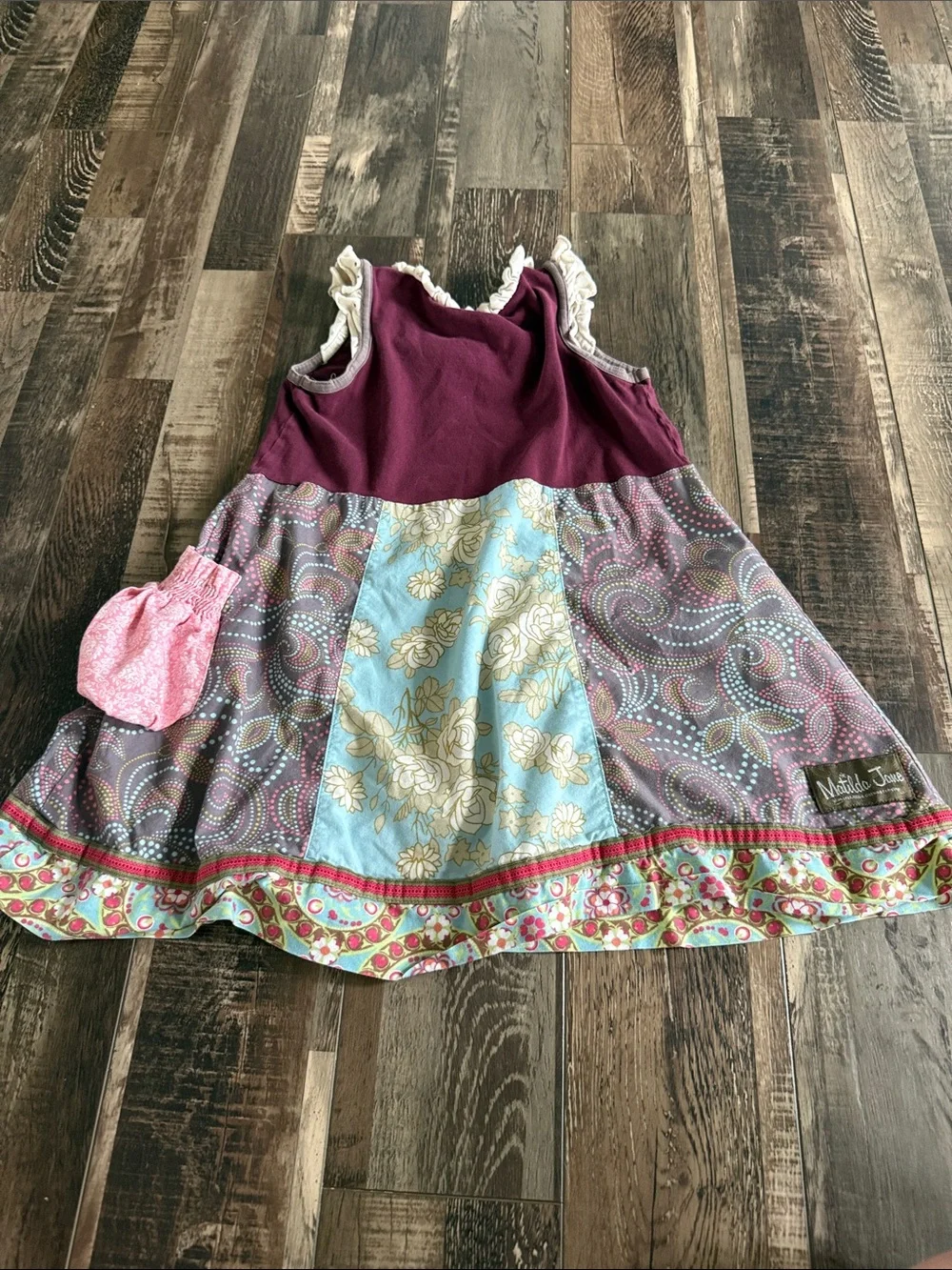 Matilda Jane Plum Bodice Patchwork Dress with Aqua Floral Panel